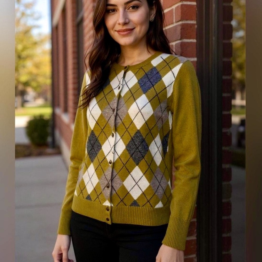 J. Crew Chartreuse Olive Argyle Wool Cashmere Cardigan Sweater, S